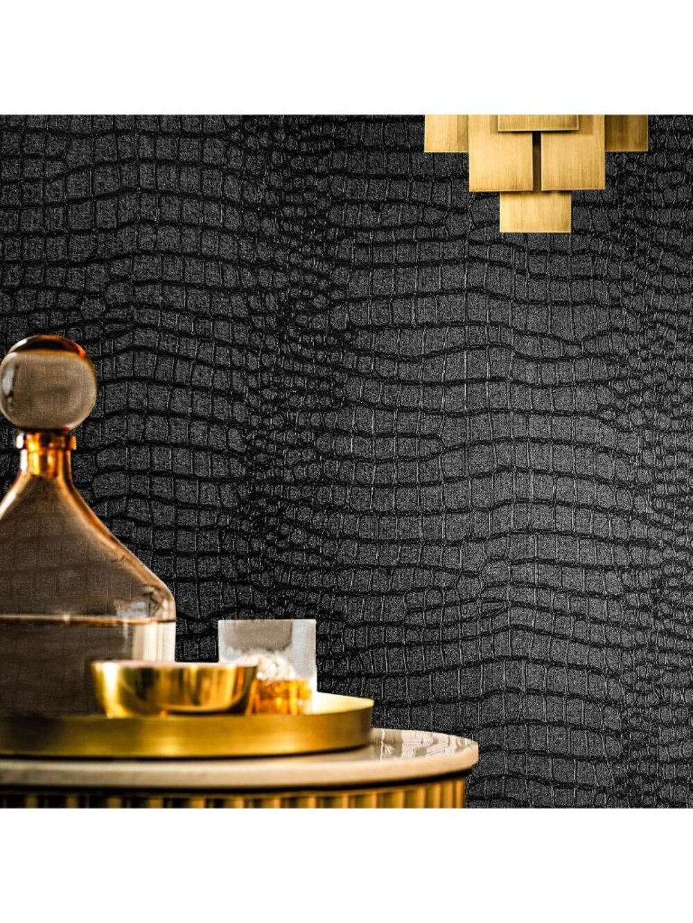 17.3” Black Peel and Stick Wallpaper - Crocodile Texture, Modern Home Decor